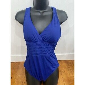 La Blanca Island Goddess Size 10 Blue Multi Strap Cross Back One Piece Swimsuit